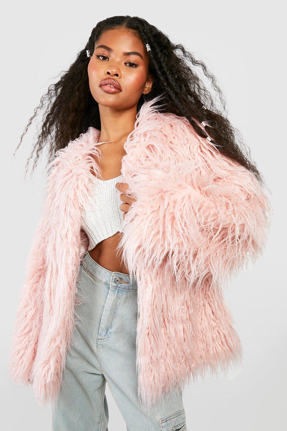 Pink fluffy faux outlet fur coat